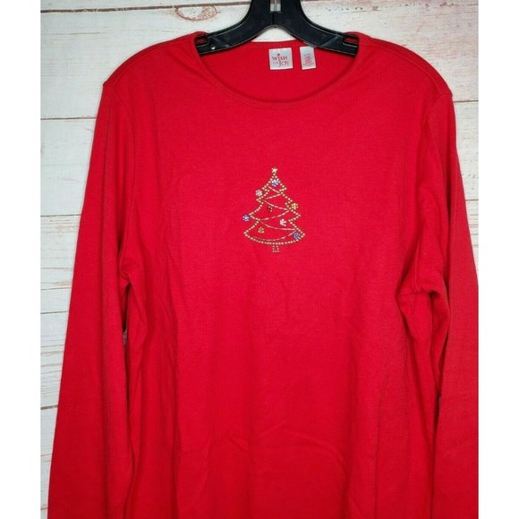 Wish For Joy Red Christmas Tree Logo Long Sleeve Women Top Glitter Tree Shirt - Picture 4 of 12